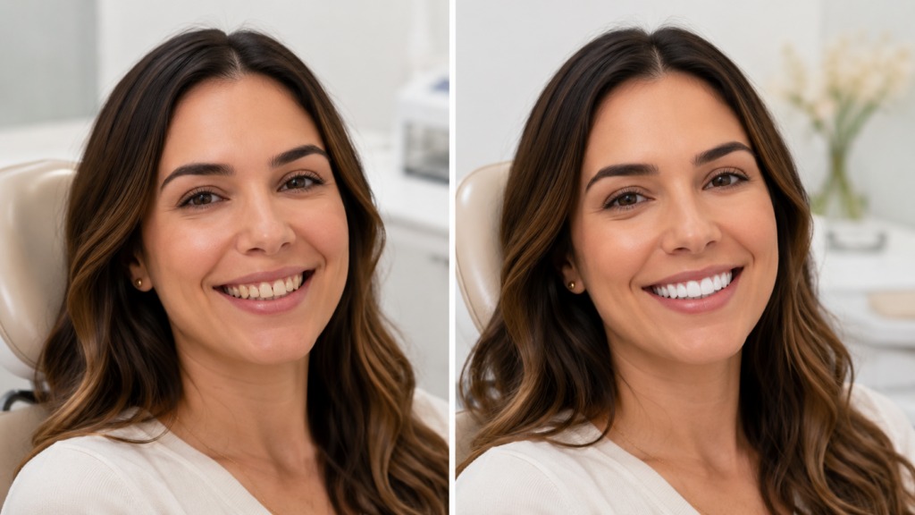 Resultado antes y después de carillas dentales en clínica dental en Maracena
